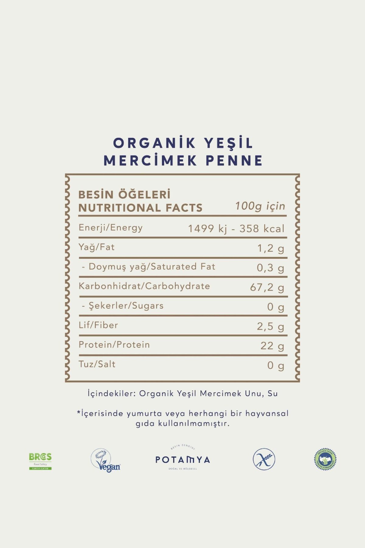 Potamya Organik Yeşil Mercimek Penne Makarna 240 Gr - Görsel 2